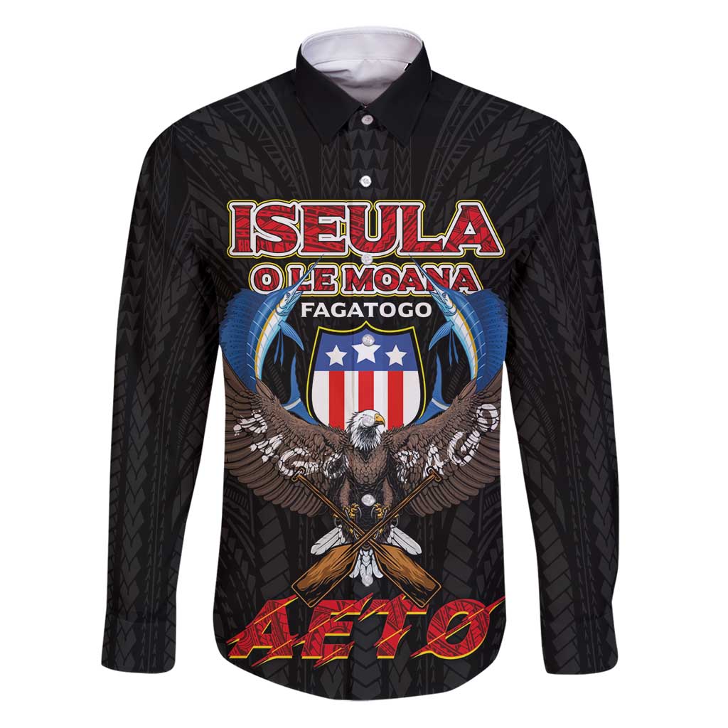 American Samoa Fautasi Family Matching Puletasi and Hawaiian Shirt Pago Pago Aeto and Iseula o le Moana of Fagatogo Black Color LT03 Dad's Shirt - Long Sleeve Black - Polynesian Pride