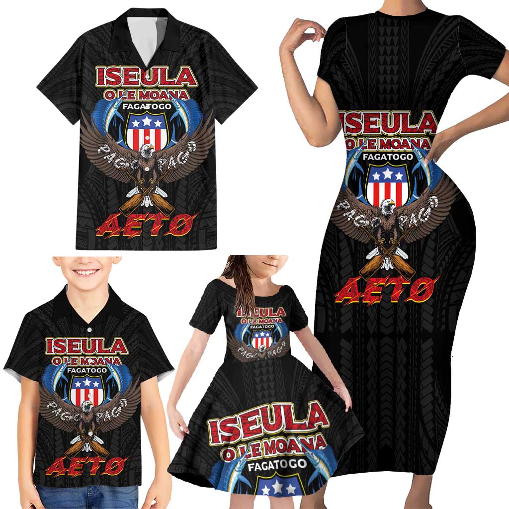 American Samoa Fautasi Family Matching Short Sleeve Bodycon Dress and Hawaiian Shirt Pago Pago Aeto and Iseula o le Moana of Fagatogo Black Color LT03 - Polynesian Pride