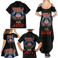 American Samoa Fautasi Family Matching Summer Maxi Dress and Hawaiian Shirt Pago Pago Aeto and Iseula o le Moana of Fagatogo Black Color LT03 - Polynesian Pride