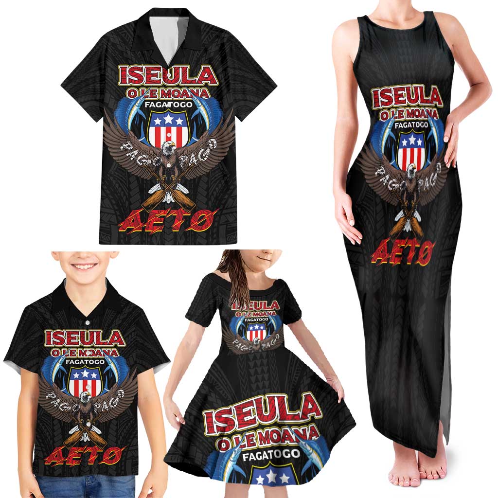 American Samoa Fautasi Family Matching Tank Maxi Dress and Hawaiian Shirt Pago Pago Aeto and Iseula o le Moana of Fagatogo Black Color LT03 - Polynesian Pride