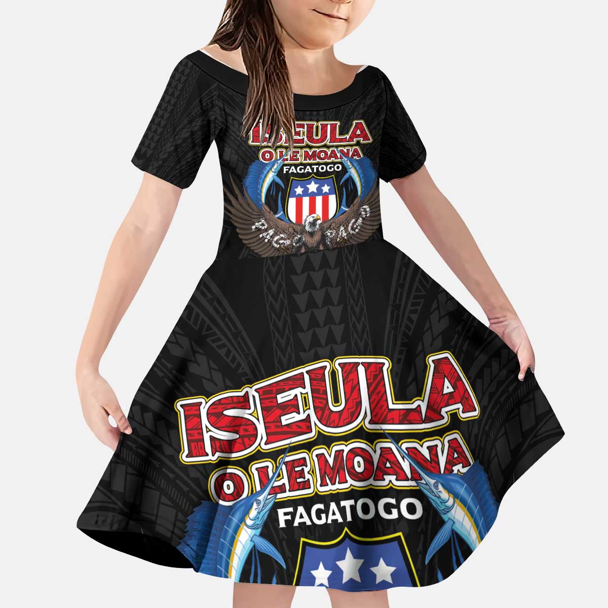 American Samoa Fautasi Kid Short Sleeve Dress Pago Pago Aeto and Iseula o le Moana of Fagatogo Black Color LT03 KID Black - Polynesian Pride