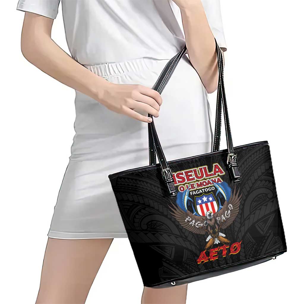 American Samoa Fautasi Leather Tote Bag Pago Pago Aeto and Iseula o le Moana of Fagatogo Black Color LT03 - Polynesian Pride