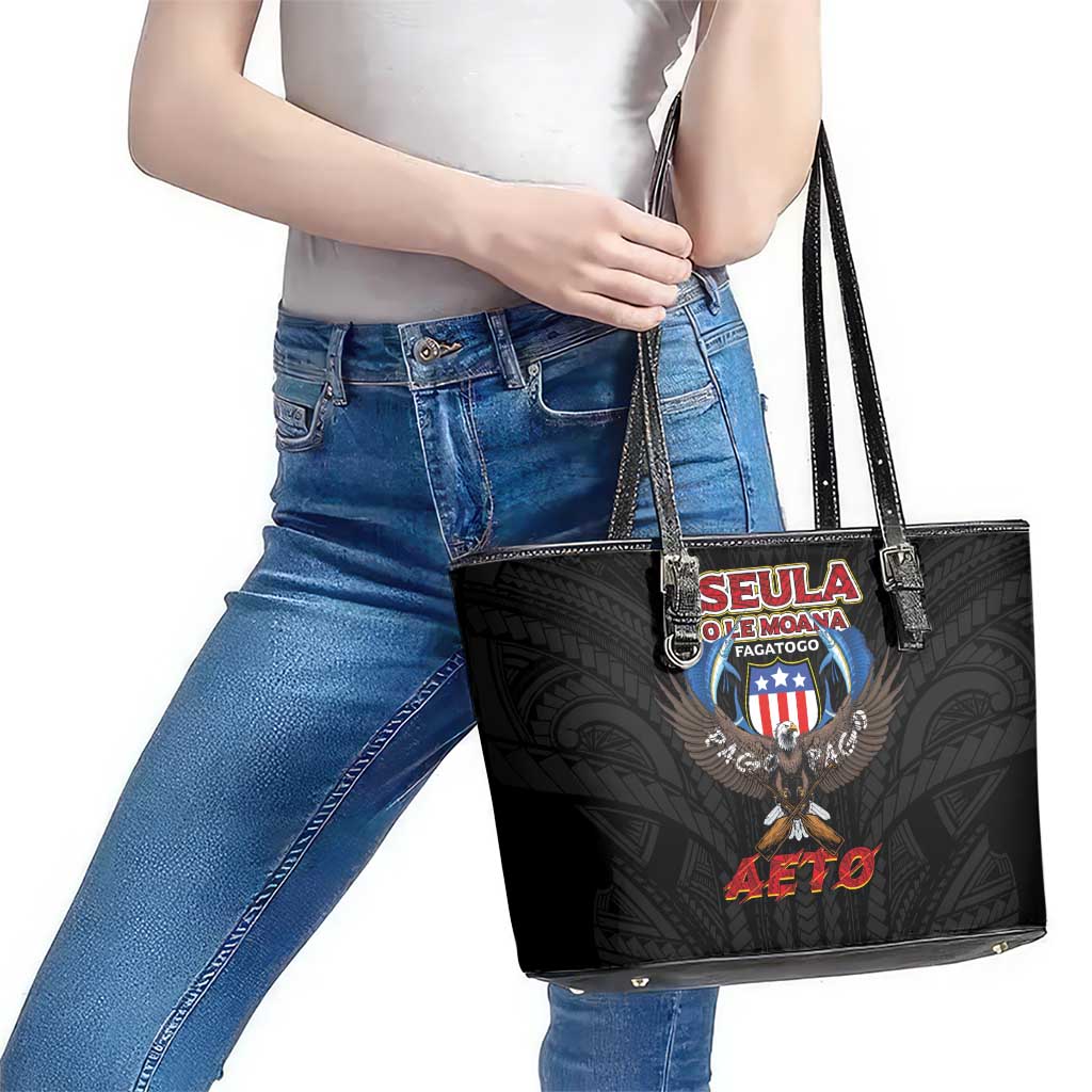 American Samoa Fautasi Leather Tote Bag Pago Pago Aeto and Iseula o le Moana of Fagatogo Black Color LT03 - Polynesian Pride
