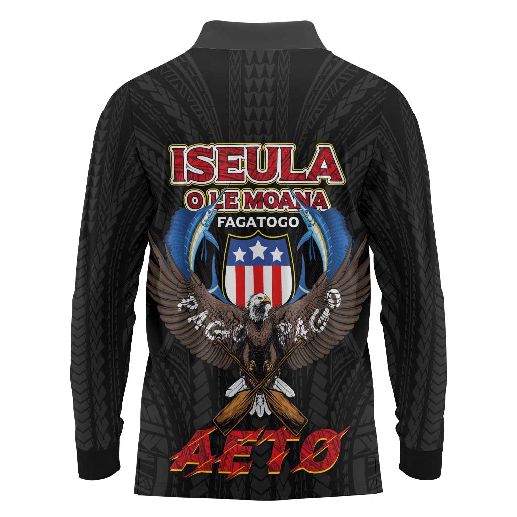 American Samoa Fautasi Long Sleeve Polo Shirt Pago Pago Aeto and Iseula o le Moana of Fagatogo Black Color LT03 - Polynesian Pride