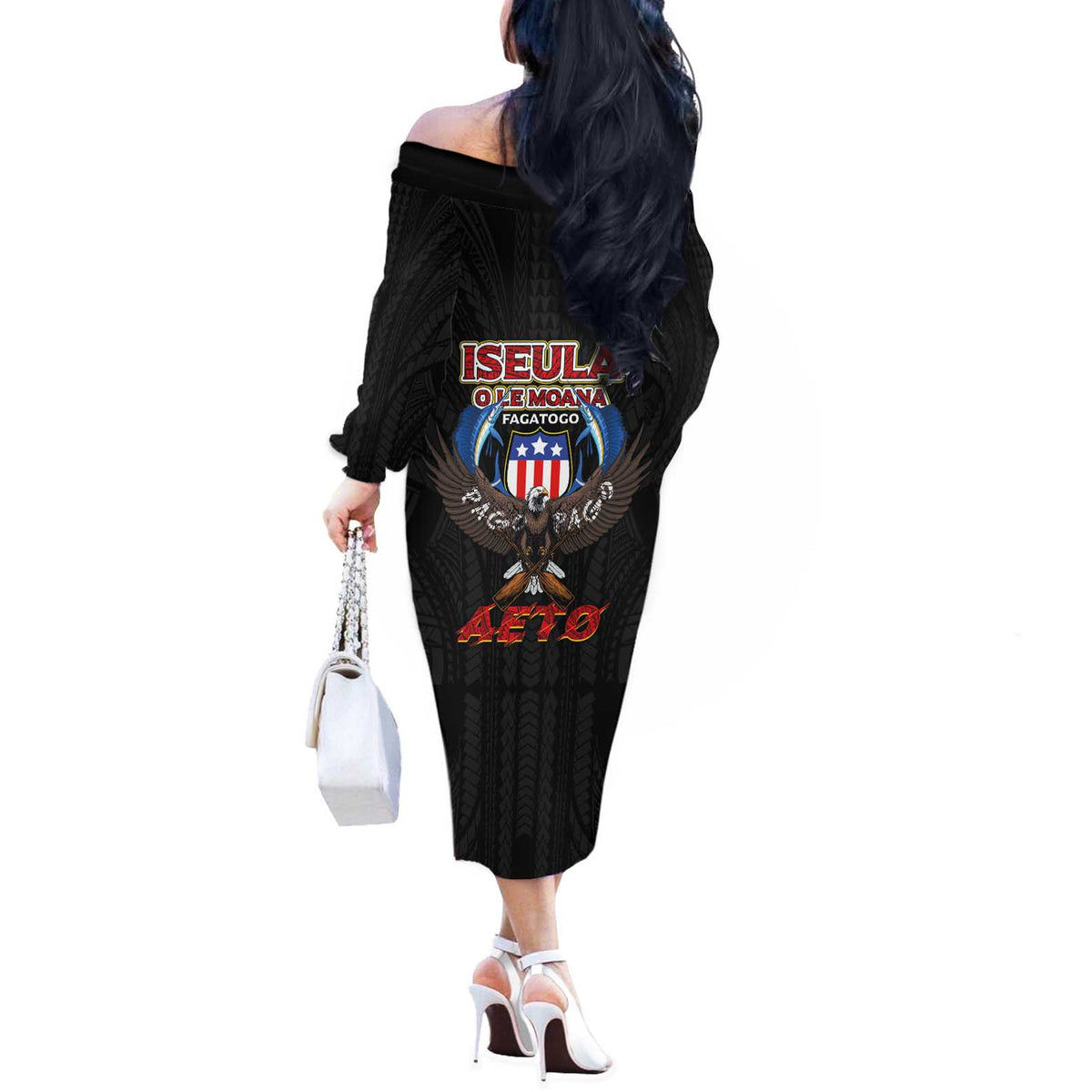 American Samoa Fautasi Off The Shoulder Long Sleeve Dress Pago Pago Aeto and Iseula o le Moana of Fagatogo Black Color LT03 - Polynesian Pride