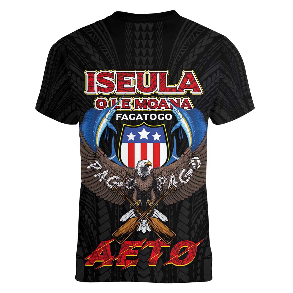 American Samoa Fautasi Women V-Neck T-Shirt Pago Pago Aeto and Iseula o le Moana of Fagatogo Black Color LT03 - Polynesian Pride