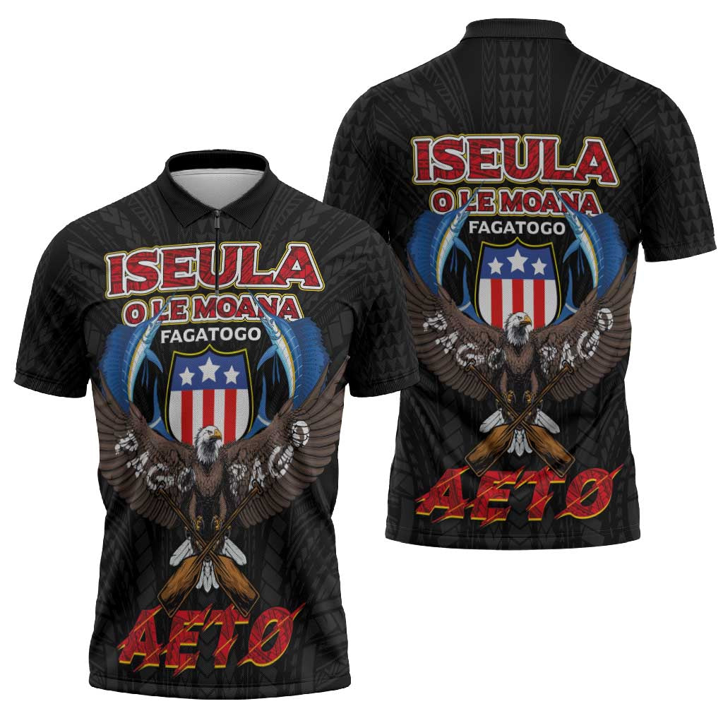 American Samoa Fautasi Zipper Polo Shirt Pago Pago Aeto and Iseula o le Moana of Fagatogo Black Color LT03 - Polynesian Pride
