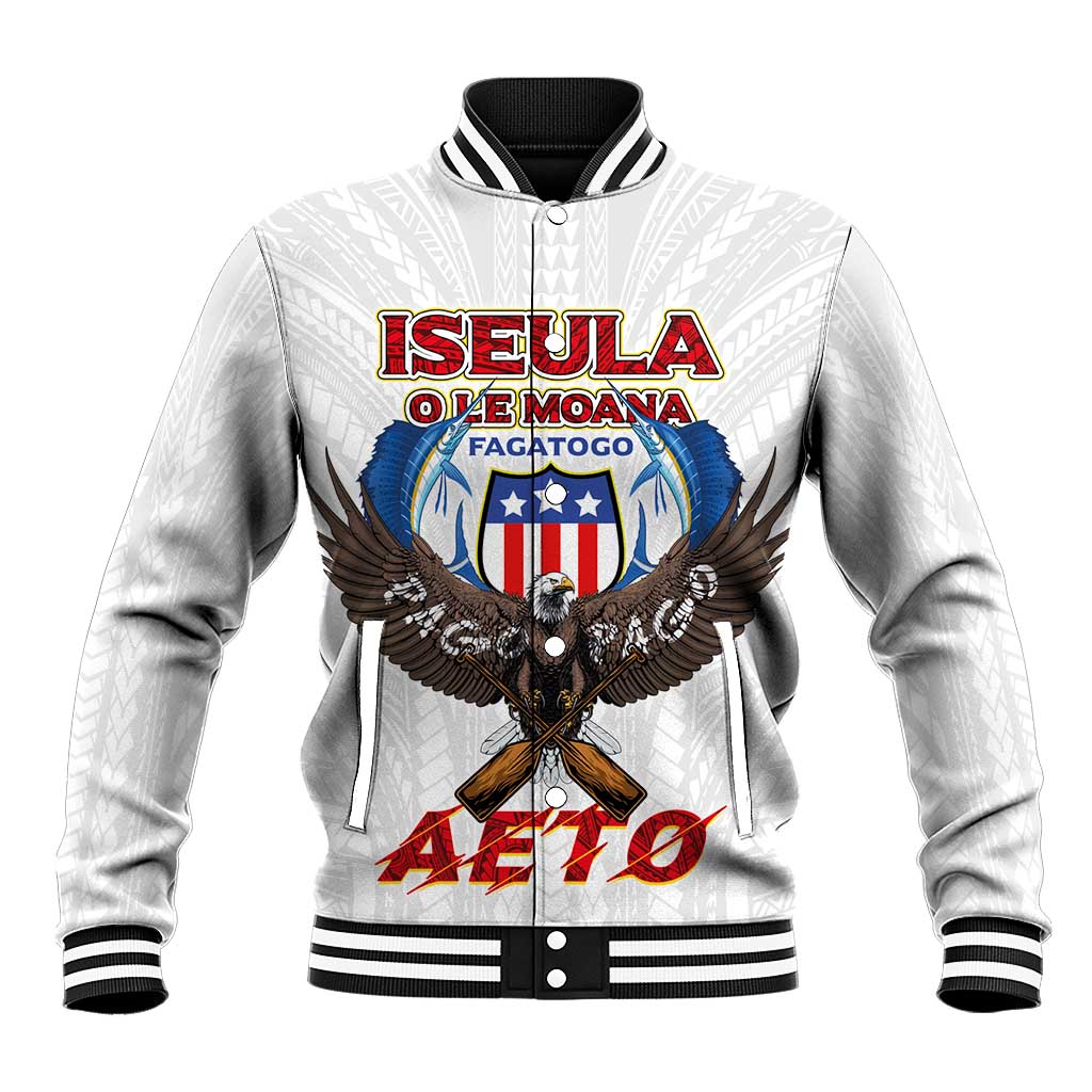 American Samoa Fautasi Baseball Jacket Pago Pago Aeto and Iseula o le Moana of Fagatogo White Color LT03 Unisex White - Polynesian Pride