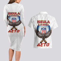 American Samoa Fautasi Couples Matching Long Sleeve Bodycon Dress and Hawaiian Shirt Pago Pago Aeto and Iseula o le Moana of Fagatogo White Color LT03 - Polynesian Pride
