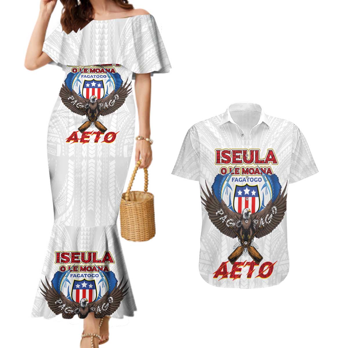 American Samoa Fautasi Couples Matching Mermaid Dress and Hawaiian Shirt Pago Pago Aeto and Iseula o le Moana of Fagatogo White Color LT03 White - Polynesian Pride