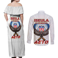 American Samoa Fautasi Couples Matching Off Shoulder Maxi Dress and Long Sleeve Button Shirt Pago Pago Aeto and Iseula o le Moana of Fagatogo White Color LT03 - Polynesian Pride