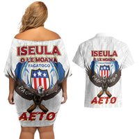 American Samoa Fautasi Couples Matching Off Shoulder Short Dress and Hawaiian Shirt Pago Pago Aeto and Iseula o le Moana of Fagatogo White Color LT03 - Polynesian Pride