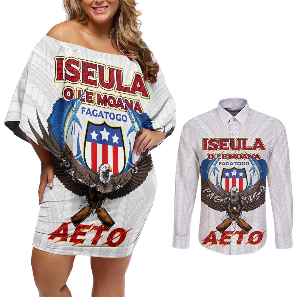 American Samoa Fautasi Couples Matching Off Shoulder Short Dress and Long Sleeve Button Shirt Pago Pago Aeto and Iseula o le Moana of Fagatogo White Color LT03 White - Polynesian Pride