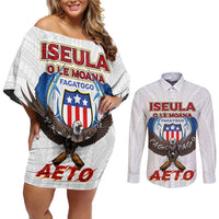 American Samoa Fautasi Couples Matching Off Shoulder Short Dress and Long Sleeve Button Shirt Pago Pago Aeto and Iseula o le Moana of Fagatogo White Color LT03 White - Polynesian Pride