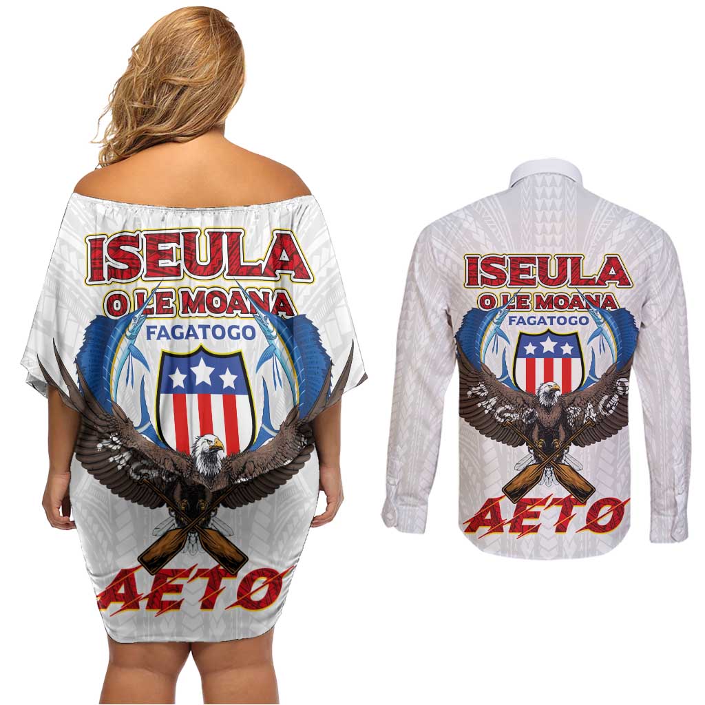 American Samoa Fautasi Couples Matching Off Shoulder Short Dress and Long Sleeve Button Shirt Pago Pago Aeto and Iseula o le Moana of Fagatogo White Color LT03 - Polynesian Pride