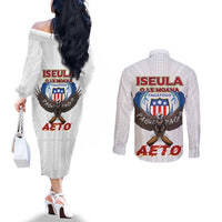American Samoa Fautasi Couples Matching Off The Shoulder Long Sleeve Dress and Long Sleeve Button Shirt Pago Pago Aeto and Iseula o le Moana of Fagatogo White Color LT03 - Polynesian Pride