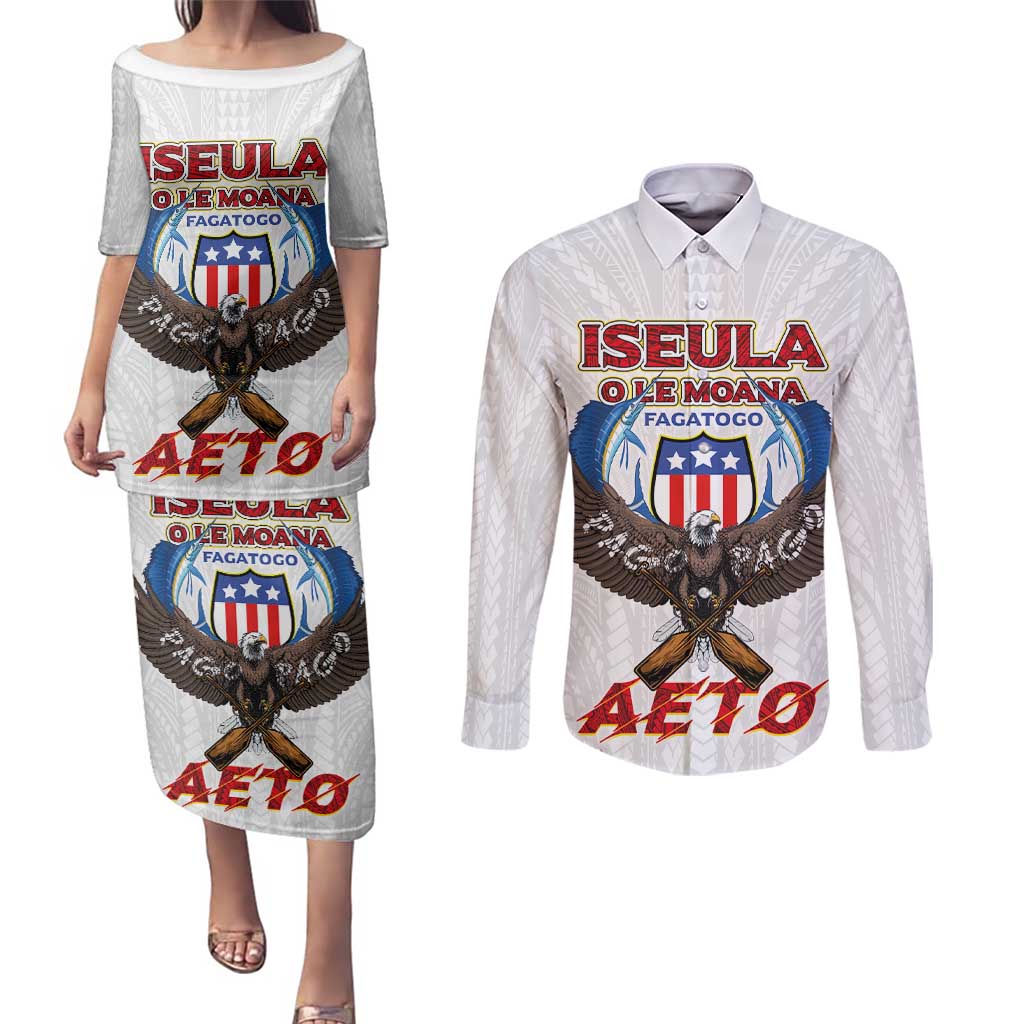 American Samoa Fautasi Couples Matching Puletasi and Long Sleeve Button Shirt Pago Pago Aeto and Iseula o le Moana of Fagatogo White Color LT03 White - Polynesian Pride