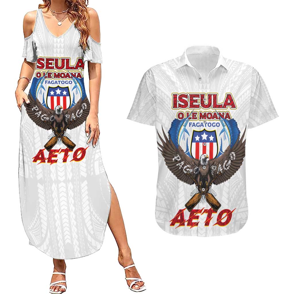 American Samoa Fautasi Couples Matching Summer Maxi Dress and Hawaiian Shirt Pago Pago Aeto and Iseula o le Moana of Fagatogo White Color LT03 White - Polynesian Pride