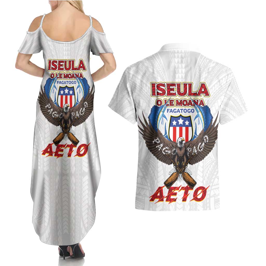 American Samoa Fautasi Couples Matching Summer Maxi Dress and Hawaiian Shirt Pago Pago Aeto and Iseula o le Moana of Fagatogo White Color LT03 - Polynesian Pride