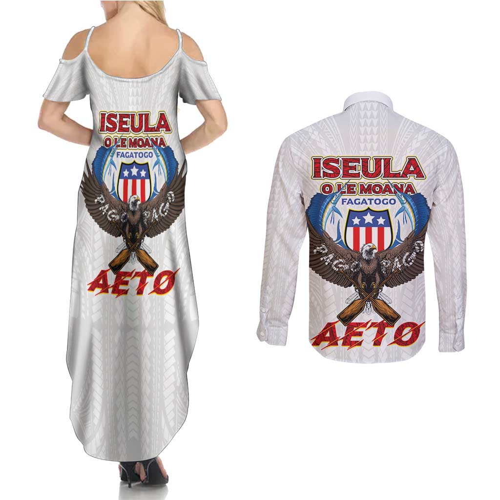 American Samoa Fautasi Couples Matching Summer Maxi Dress and Long Sleeve Button Shirt Pago Pago Aeto and Iseula o le Moana of Fagatogo White Color LT03 - Polynesian Pride