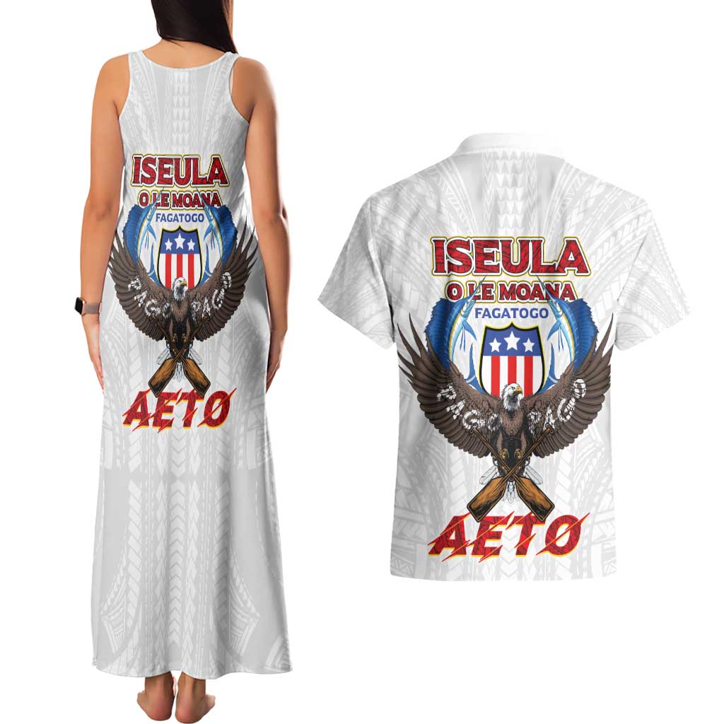 American Samoa Fautasi Couples Matching Tank Maxi Dress and Hawaiian Shirt Pago Pago Aeto and Iseula o le Moana of Fagatogo White Color LT03 - Polynesian Pride