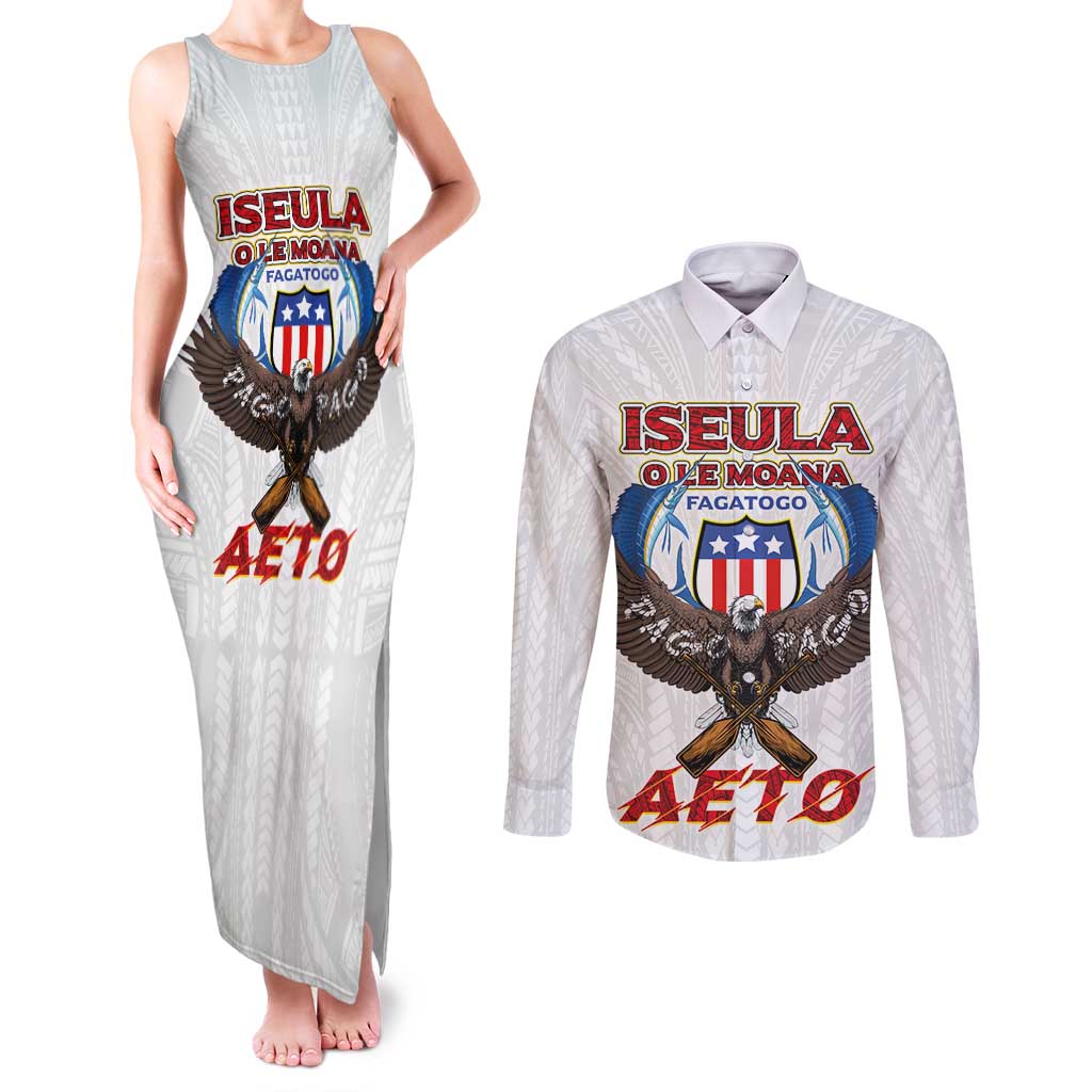 American Samoa Fautasi Couples Matching Tank Maxi Dress and Long Sleeve Button Shirt Pago Pago Aeto and Iseula o le Moana of Fagatogo White Color LT03 White - Polynesian Pride