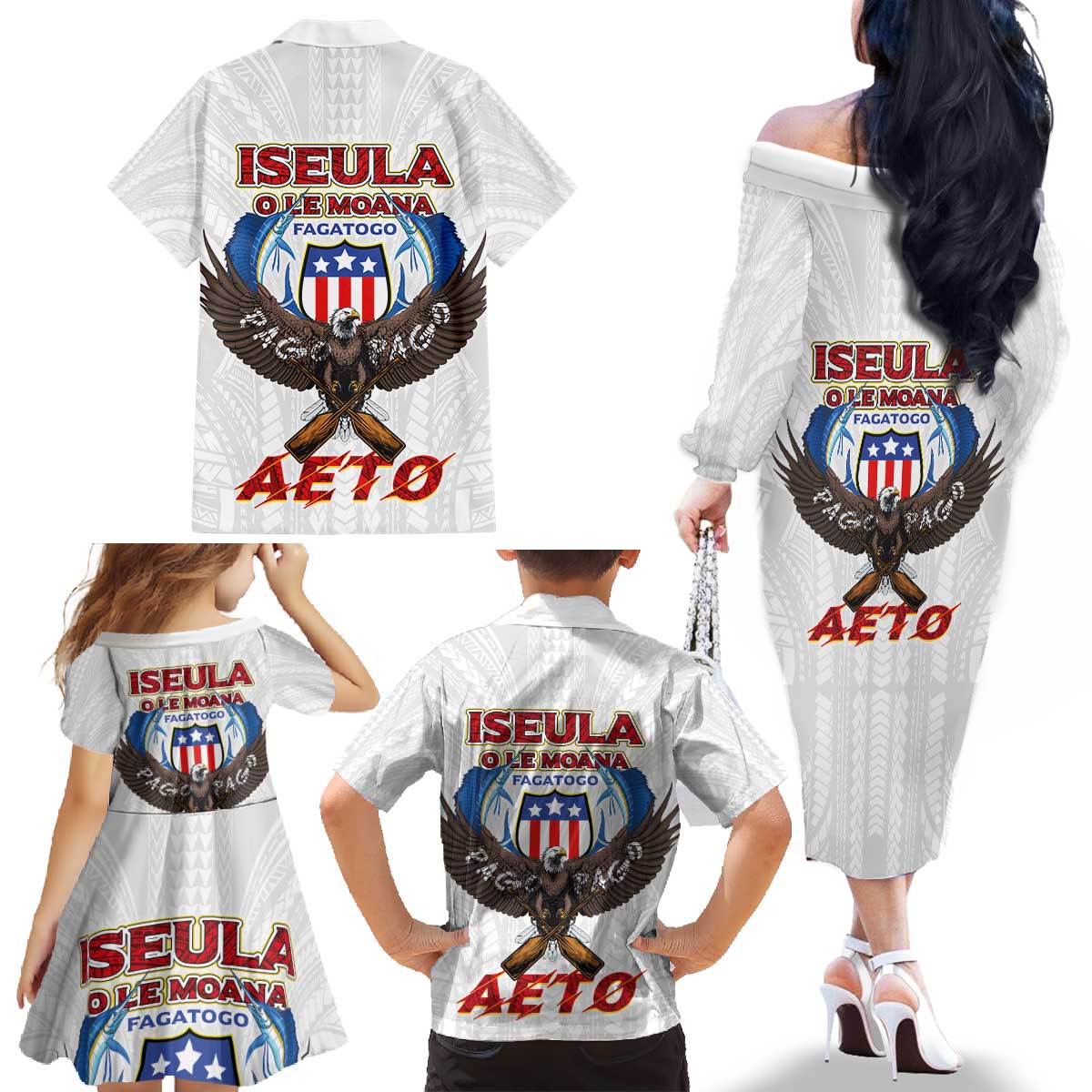 American Samoa Fautasi Family Matching Off The Shoulder Long Sleeve Dress and Hawaiian Shirt Pago Pago Aeto and Iseula o le Moana of Fagatogo White Color LT03 - Polynesian Pride