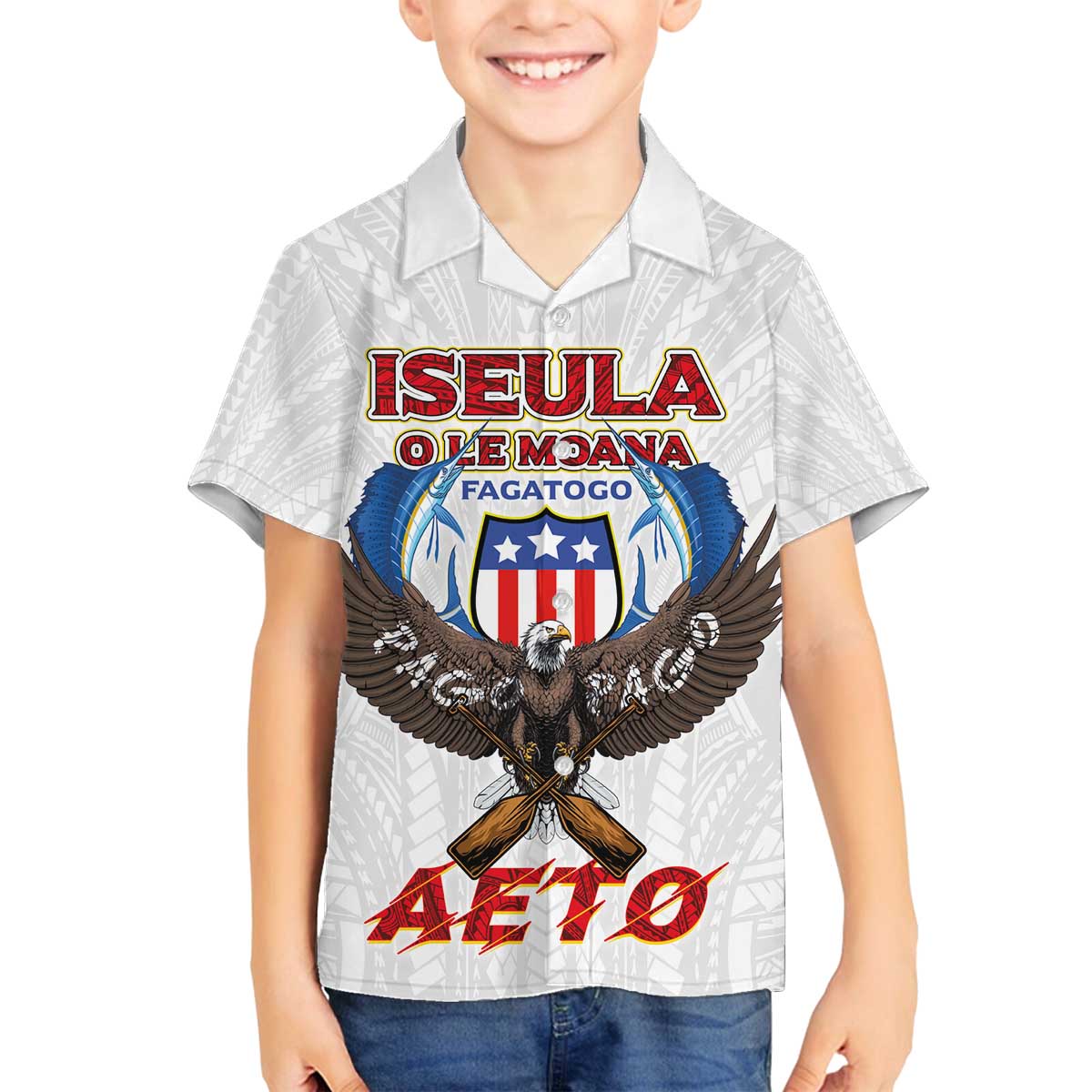 American Samoa Fautasi Family Matching Off The Shoulder Long Sleeve Dress and Hawaiian Shirt Pago Pago Aeto and Iseula o le Moana of Fagatogo White Color LT03 Son's Shirt White - Polynesian Pride