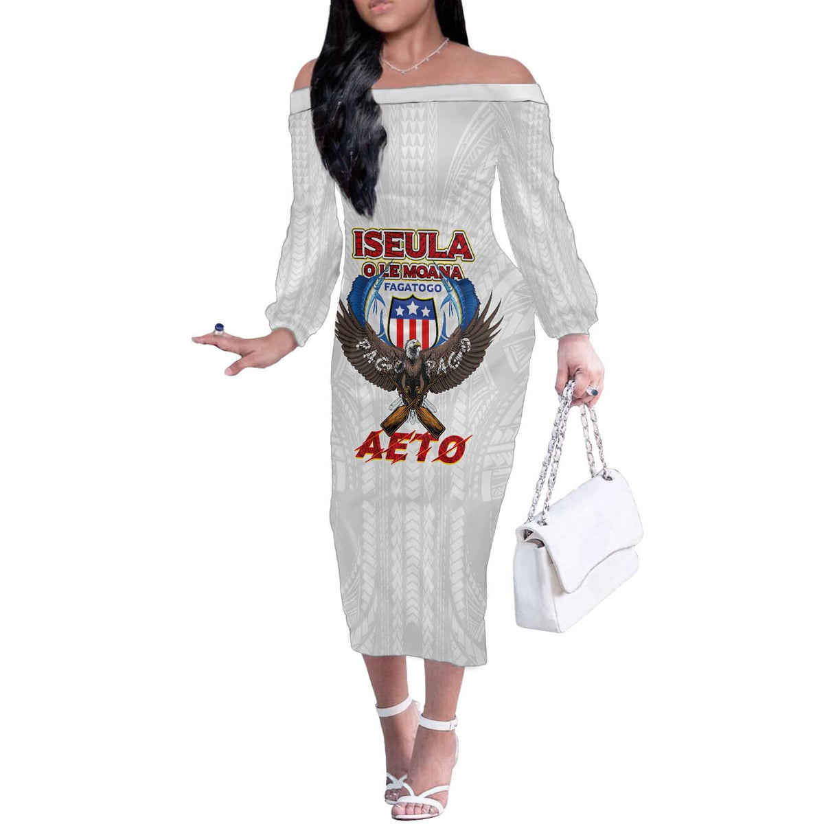 American Samoa Fautasi Off The Shoulder Long Sleeve Dress Pago Pago Aeto and Iseula o le Moana of Fagatogo White Color LT03 Women White - Polynesian Pride