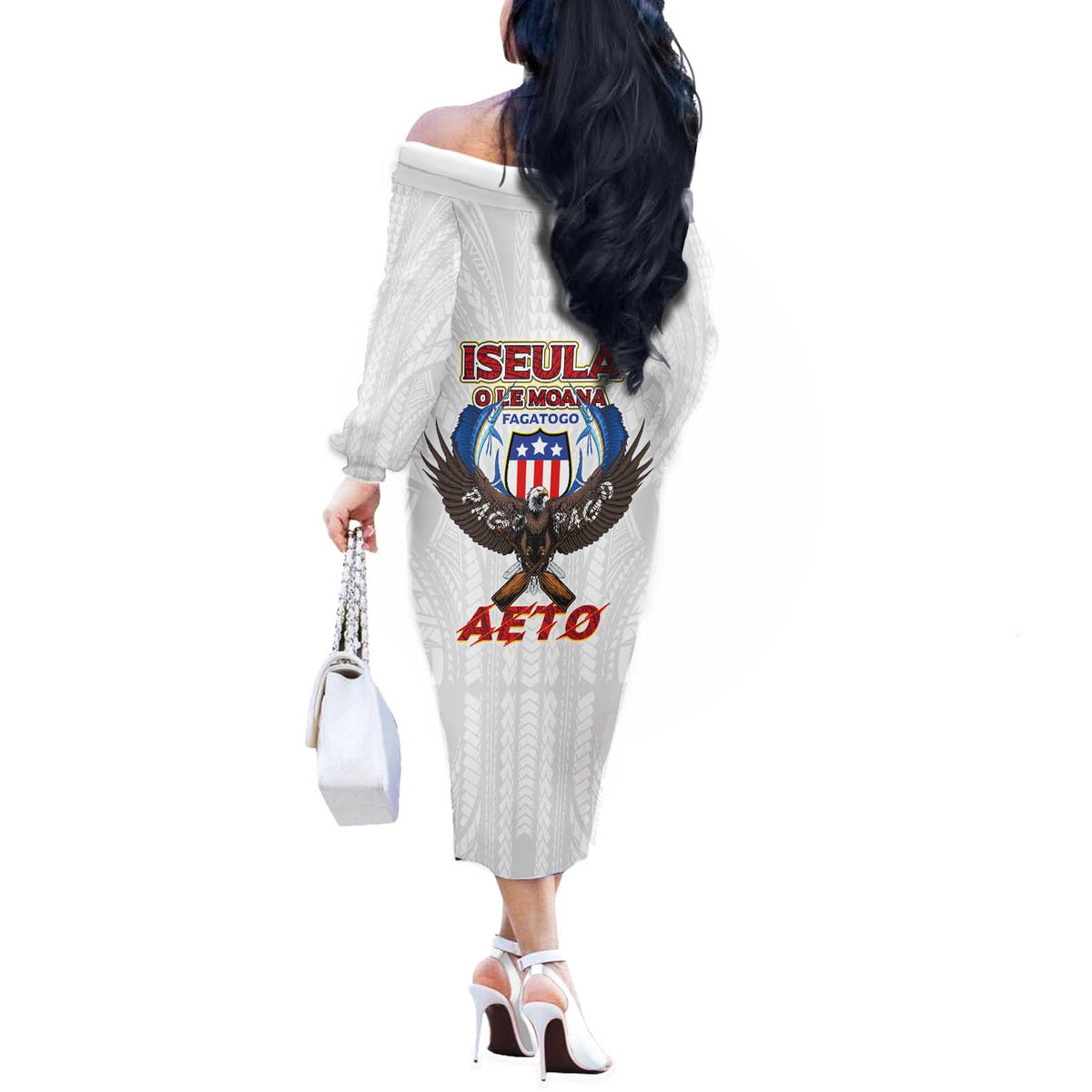 American Samoa Fautasi Off The Shoulder Long Sleeve Dress Pago Pago Aeto and Iseula o le Moana of Fagatogo White Color LT03 - Polynesian Pride