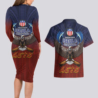 American Samoa Fautasi Couples Matching Long Sleeve Bodycon Dress and Hawaiian Shirt Pago Pago Aeto and Iseula o le Moana of Fagatogo Red-Blue LT03 - Polynesian Pride
