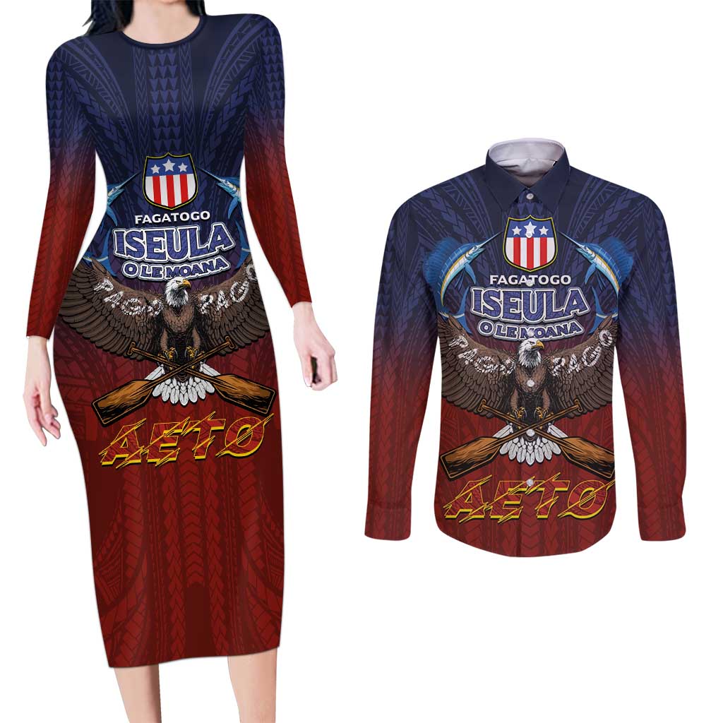 American Samoa Fautasi Couples Matching Long Sleeve Bodycon Dress and Long Sleeve Button Shirt Pago Pago Aeto and Iseula o le Moana of Fagatogo Red-Blue LT03 Blue - Polynesian Pride