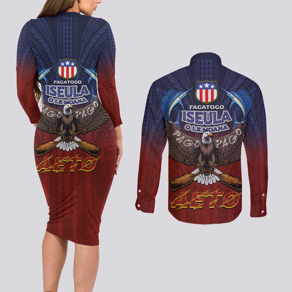 American Samoa Fautasi Couples Matching Long Sleeve Bodycon Dress and Long Sleeve Button Shirt Pago Pago Aeto and Iseula o le Moana of Fagatogo Red-Blue LT03 - Polynesian Pride