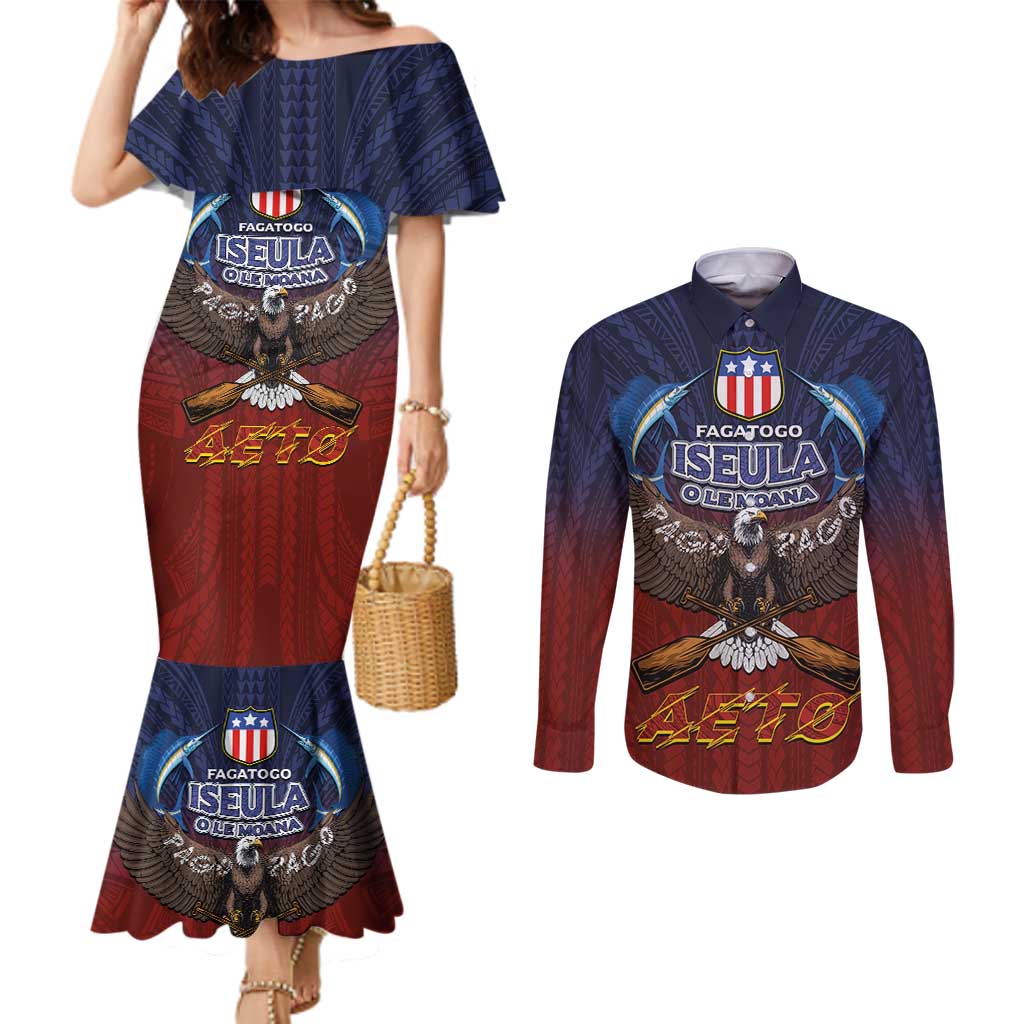 American Samoa Fautasi Couples Matching Mermaid Dress and Long Sleeve Button Shirt Pago Pago Aeto and Iseula o le Moana of Fagatogo Red-Blue - Polynesian Pride