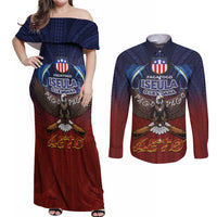 American Samoa Fautasi Couples Matching Off Shoulder Maxi Dress and Long Sleeve Button Shirt Pago Pago Aeto and Iseula o le Moana of Fagatogo Red-Blue LT03 Blue - Polynesian Pride