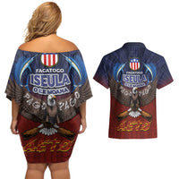 American Samoa Fautasi Couples Matching Off Shoulder Short Dress and Hawaiian Shirt Pago Pago Aeto and Iseula o le Moana of Fagatogo Red-Blue LT03 - Polynesian Pride