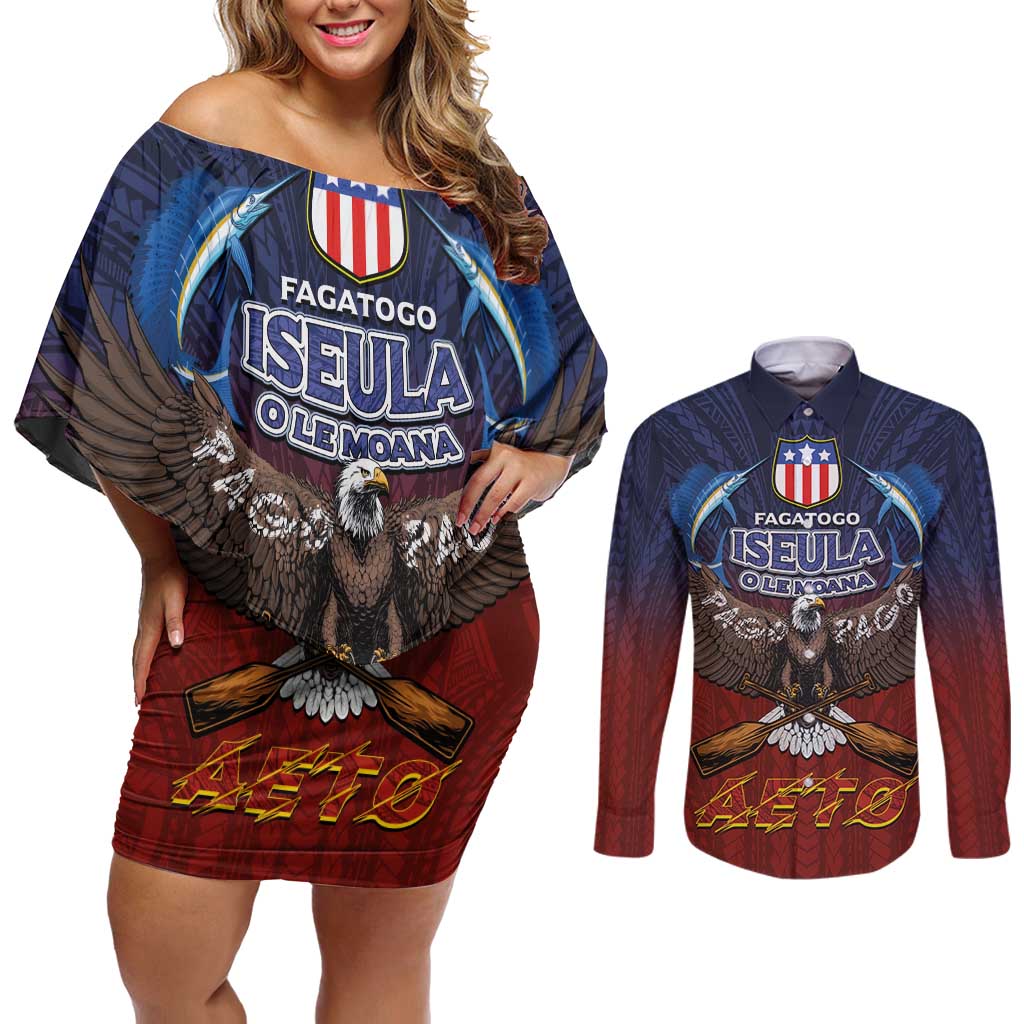 American Samoa Fautasi Couples Matching Off Shoulder Short Dress and Long Sleeve Button Shirt Pago Pago Aeto and Iseula o le Moana of Fagatogo Red-Blue LT03 Blue - Polynesian Pride
