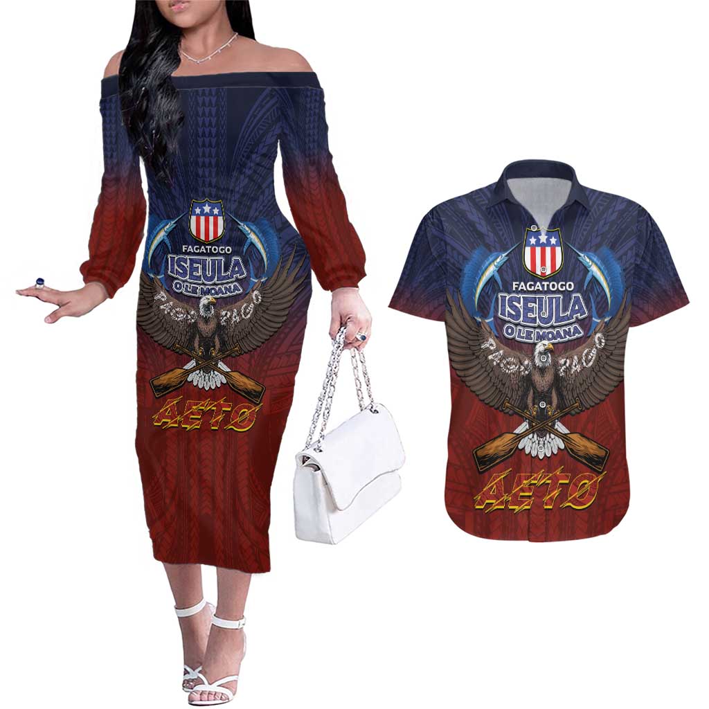 American Samoa Fautasi Couples Matching Off The Shoulder Long Sleeve Dress and Hawaiian Shirt Pago Pago Aeto and Iseula o le Moana of Fagatogo Red-Blue LT03 Blue - Polynesian Pride