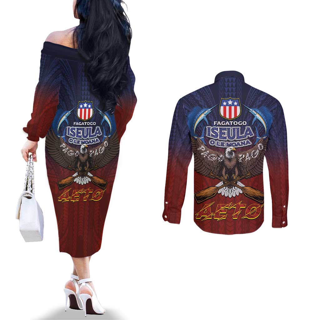 American Samoa Fautasi Couples Matching Off The Shoulder Long Sleeve Dress and Long Sleeve Button Shirt Pago Pago Aeto and Iseula o le Moana of Fagatogo Red-Blue LT03 - Polynesian Pride