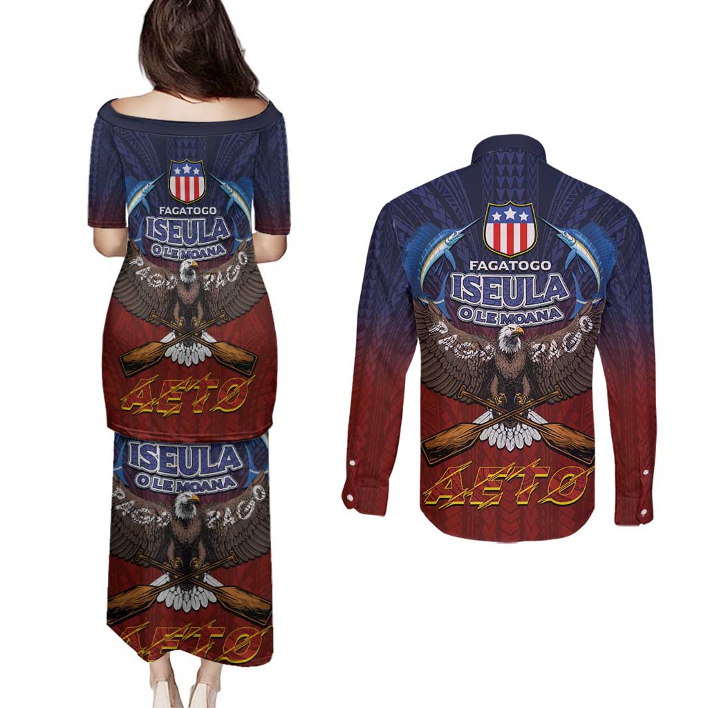 American Samoa Fautasi Couples Matching Puletasi and Long Sleeve Button Shirt Pago Pago Aeto and Iseula o le Moana of Fagatogo Red-Blue LT03 - Polynesian Pride