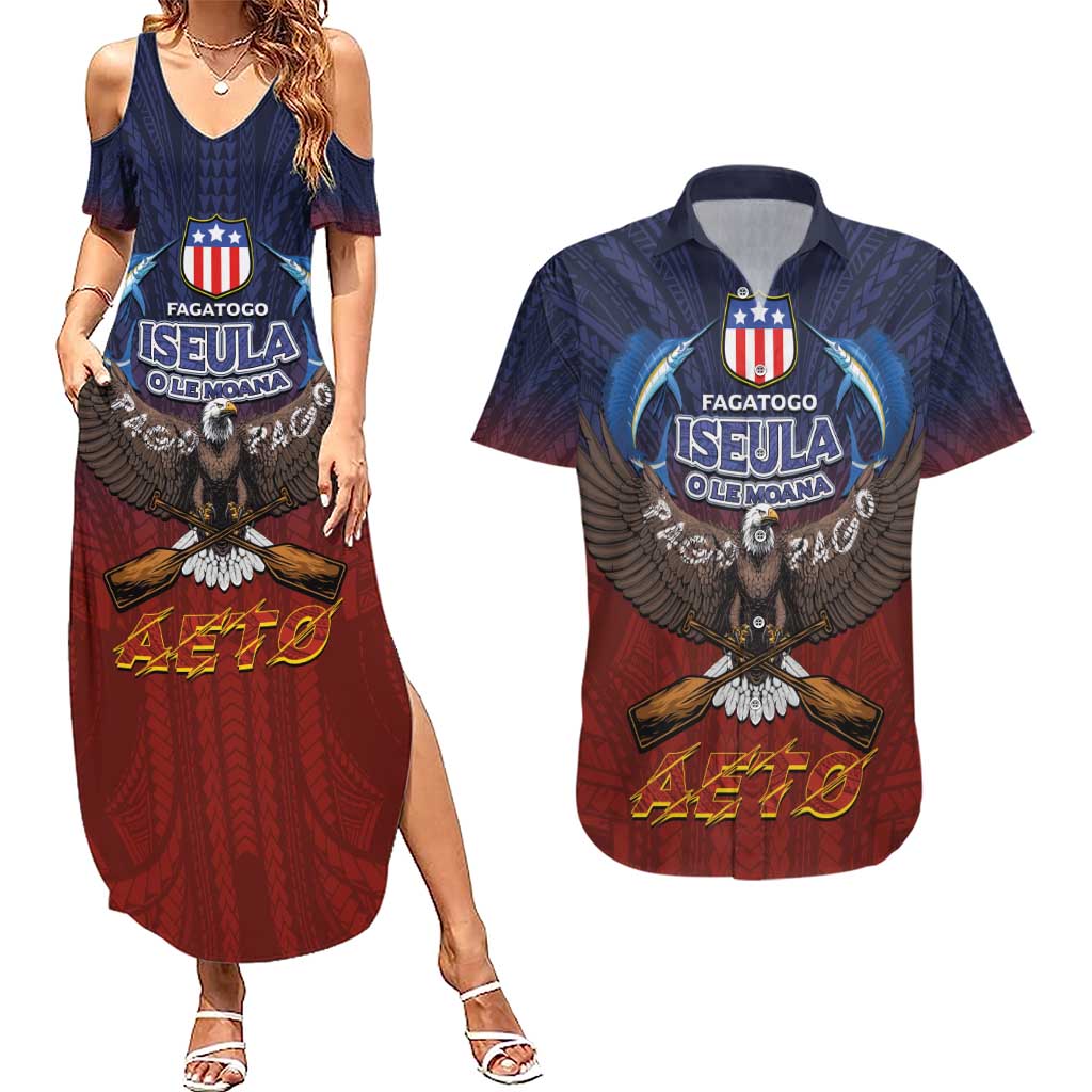 American Samoa Fautasi Couples Matching Summer Maxi Dress and Hawaiian Shirt Pago Pago Aeto and Iseula o le Moana of Fagatogo Red-Blue - Polynesian Pride