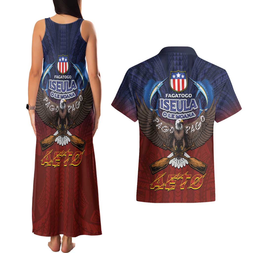 American Samoa Fautasi Couples Matching Tank Maxi Dress and Hawaiian Shirt Pago Pago Aeto and Iseula o le Moana of Fagatogo Red-Blue LT03 - Polynesian Pride