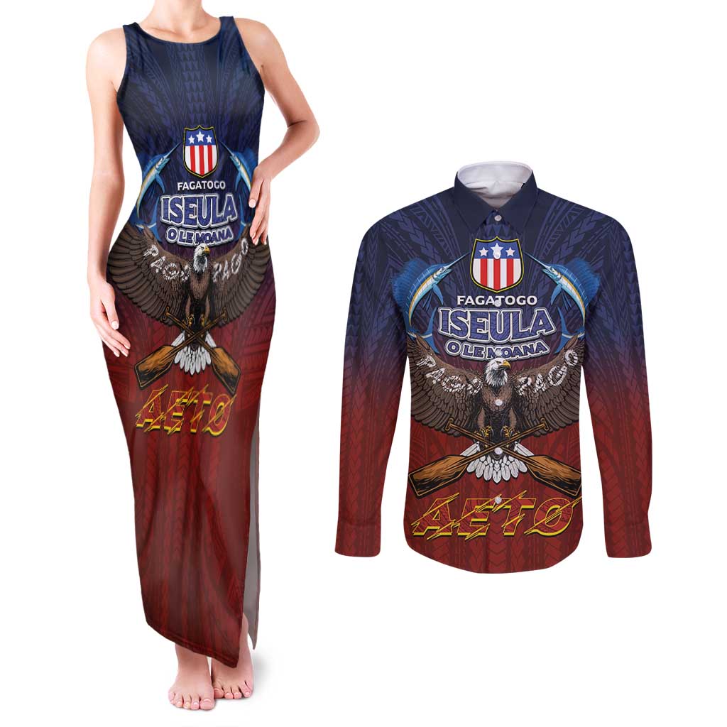 American Samoa Fautasi Couples Matching Tank Maxi Dress and Long Sleeve Button Shirt Pago Pago Aeto and Iseula o le Moana of Fagatogo Red-Blue LT03 Blue - Polynesian Pride