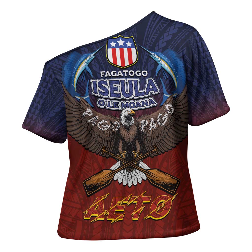 American Samoa Fautasi Cross Shoulder Shirt Pago Pago Aeto and Iseula o le Moana of Fagatogo Red-Blue LT03 - Polynesian Pride