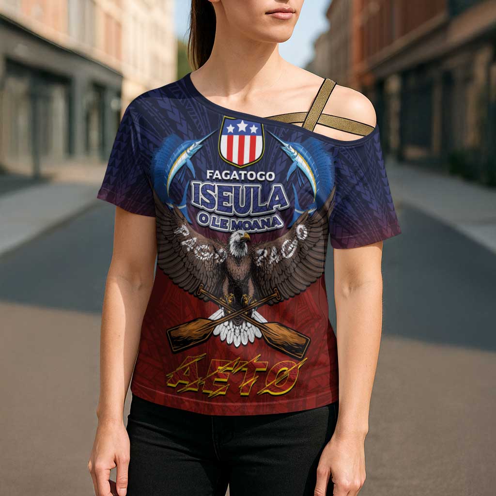 American Samoa Fautasi Cross Shoulder Shirt Pago Pago Aeto and Iseula o le Moana of Fagatogo Red-Blue LT03 - Polynesian Pride