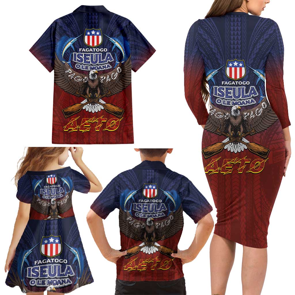 American Samoa Fautasi Family Matching Long Sleeve Bodycon Dress and Hawaiian Shirt Pago Pago Aeto and Iseula o le Moana of Fagatogo Red-Blue LT03 - Polynesian Pride