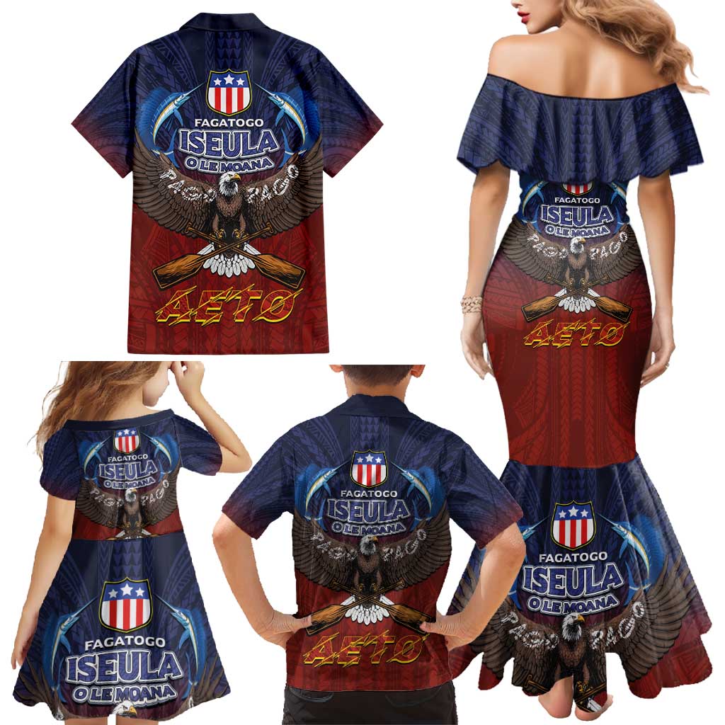 American Samoa Fautasi Family Matching Mermaid Dress and Hawaiian Shirt Pago Pago Aeto and Iseula o le Moana of Fagatogo Red-Blue LT03 - Polynesian Pride
