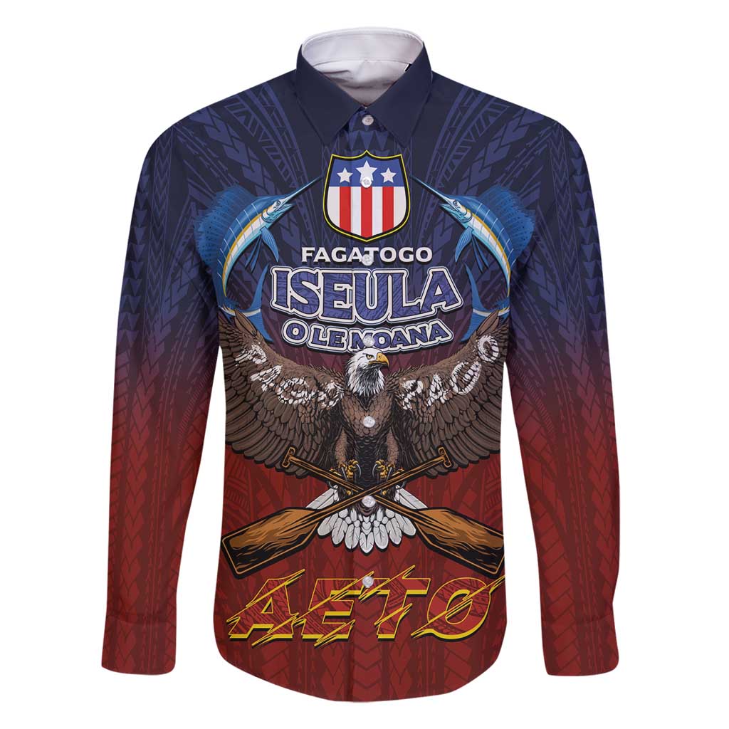 American Samoa Fautasi Family Matching Mermaid Dress and Hawaiian Shirt Pago Pago Aeto and Iseula o le Moana of Fagatogo Red-Blue LT03 Dad's Shirt - Long Sleeve Blue - Polynesian Pride