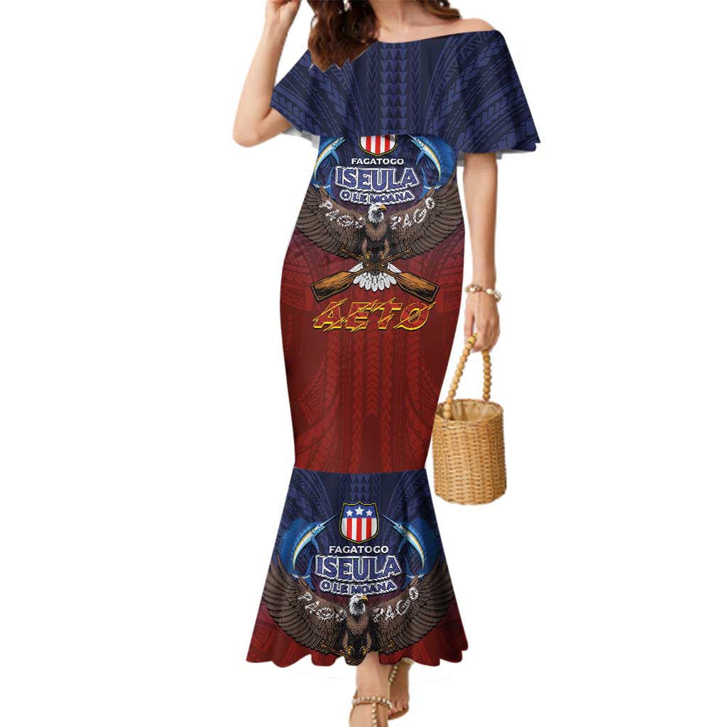 American Samoa Fautasi Family Matching Mermaid Dress and Hawaiian Shirt Pago Pago Aeto and Iseula o le Moana of Fagatogo Red-Blue LT03 Mom's Dress Blue - Polynesian Pride