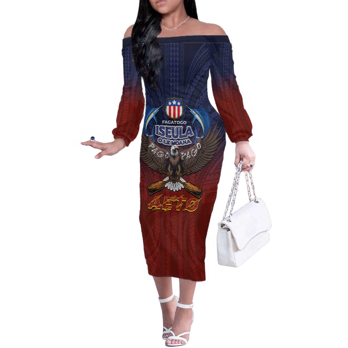 American Samoa Fautasi Family Matching Off The Shoulder Long Sleeve Dress and Hawaiian Shirt Pago Pago Aeto and Iseula o le Moana of Fagatogo Red-Blue LT03 Mom's Dress Blue - Polynesian Pride